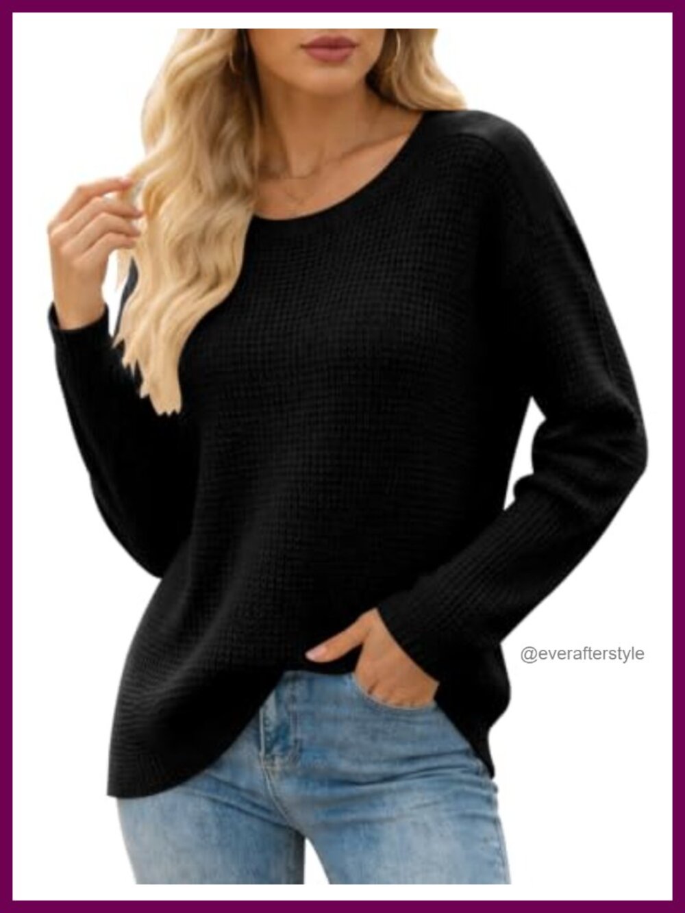 Womens Lightweight Waffle Knit Sweater Loose Fit Crew Neck Long Sleeve Fall